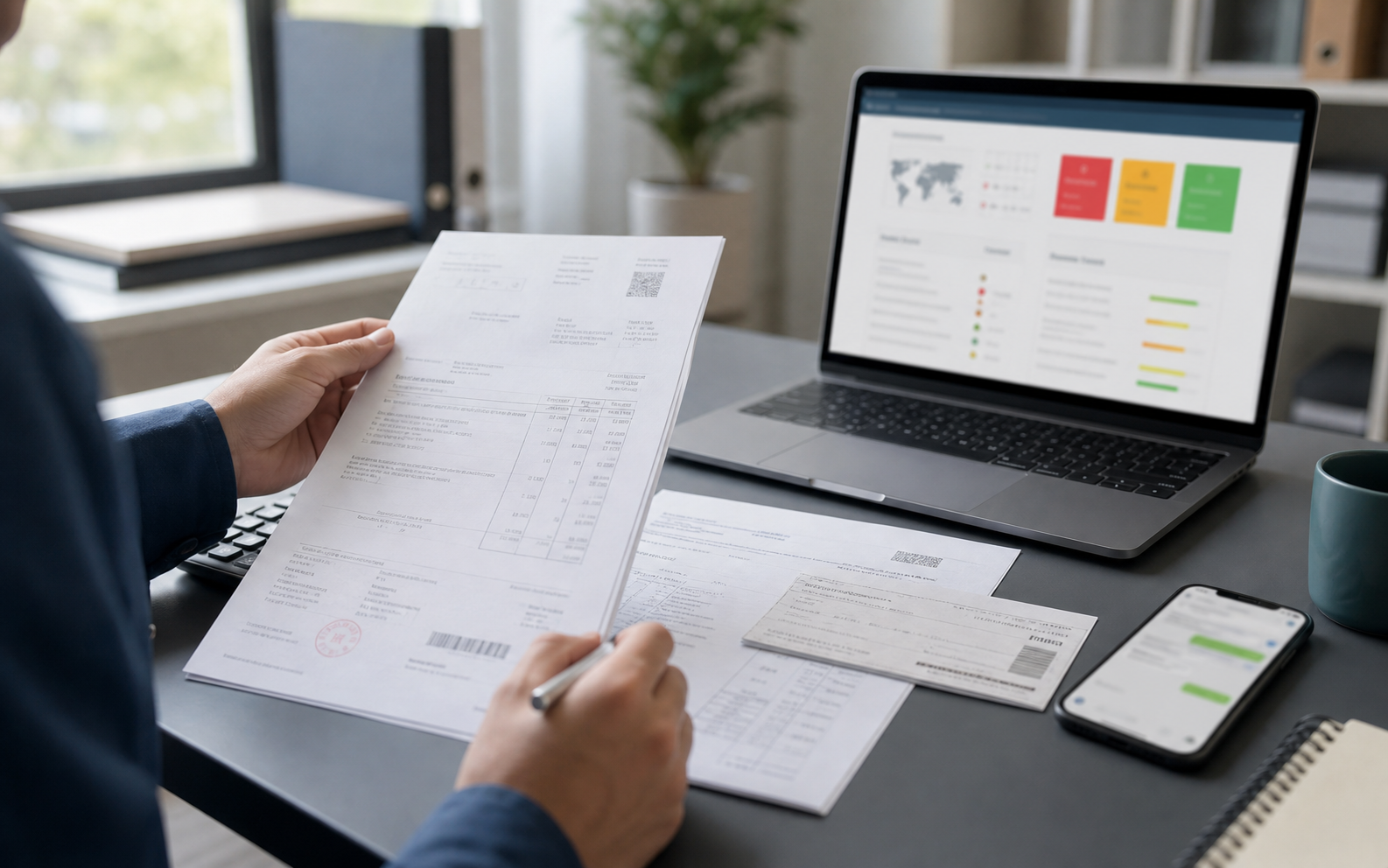 Desk with supplier invoice, laptop risk report and trade documents